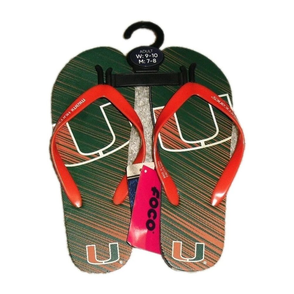 Miami Hurricanes Flip Flops Sandals Mens Sz. 7-8 Womens Sz. 9-10 New Foco Ncaa
